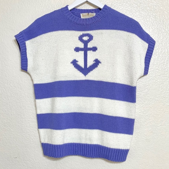 Vintage Sweaters - Vintage Nautical Striped Anchor Knit Sweater Top